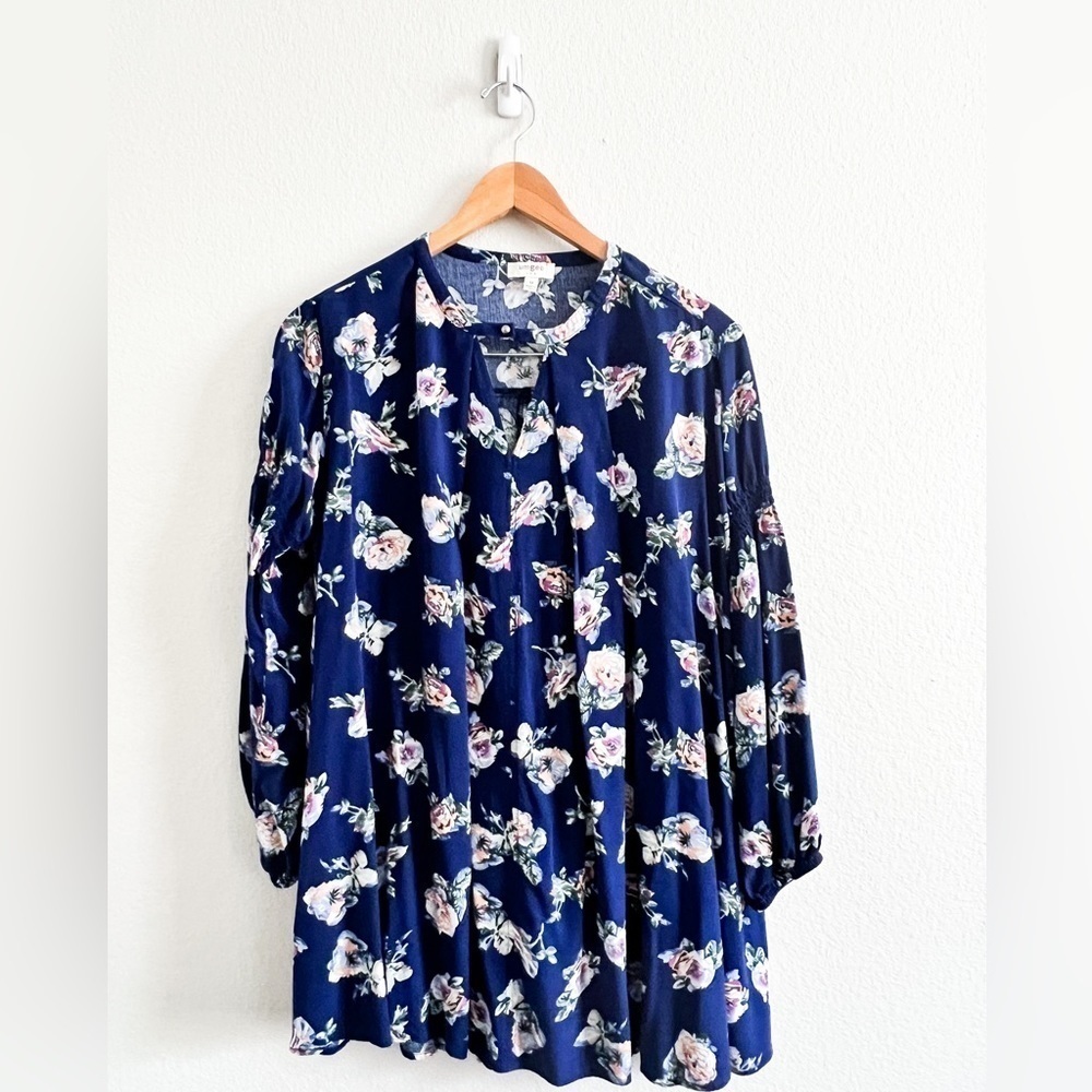 Umgee Navy Floral Long Sleeve Oversized Tunic